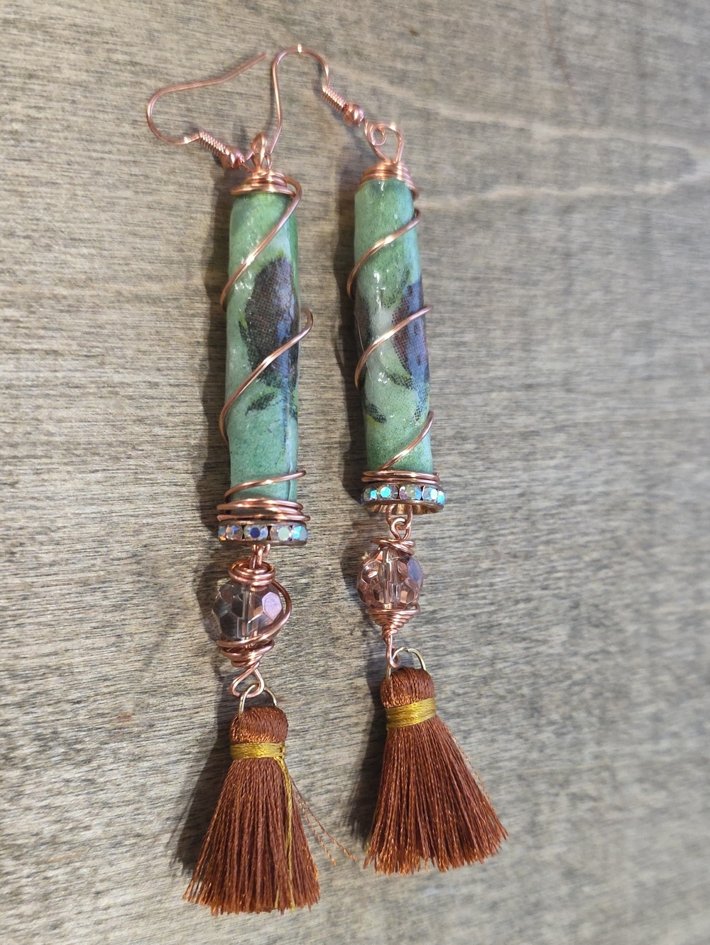 Handmade Green and Brown Tassel Drop Earrings - Copper Wire Wrapped